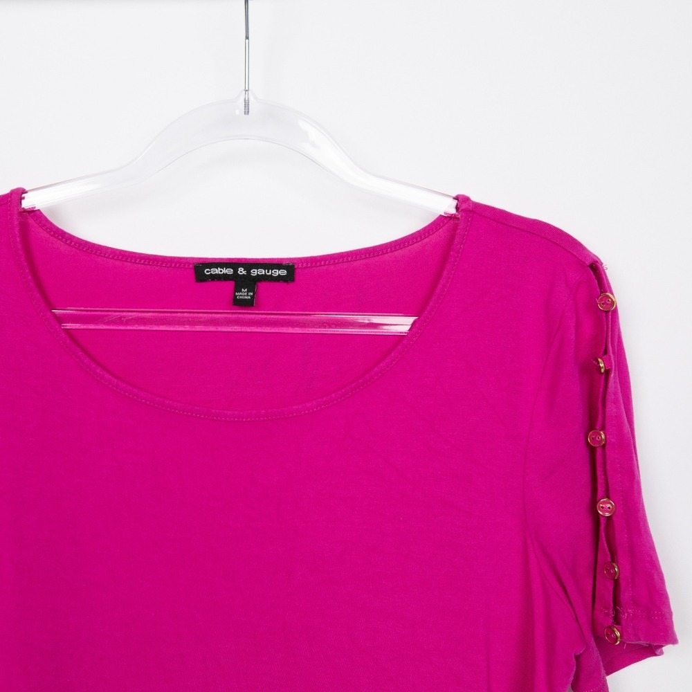 Cable & Gauge Button Sleeve Top Crew Neck Knit Tee Shirt Fuchsia M - Picture 4 of 12